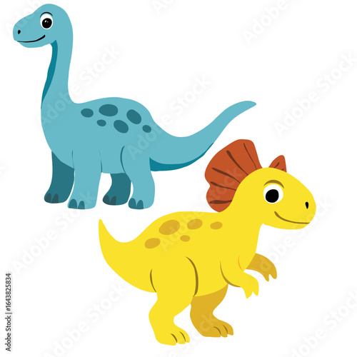 Fototapeta Naklejka Na Ścianę i Meble -  Cute cartoon illustration of two dinosaurs — a blue long-neck dinosaur with dark spots and a smiling yellow dinosaur with a red frill on its head — standing together on a white background