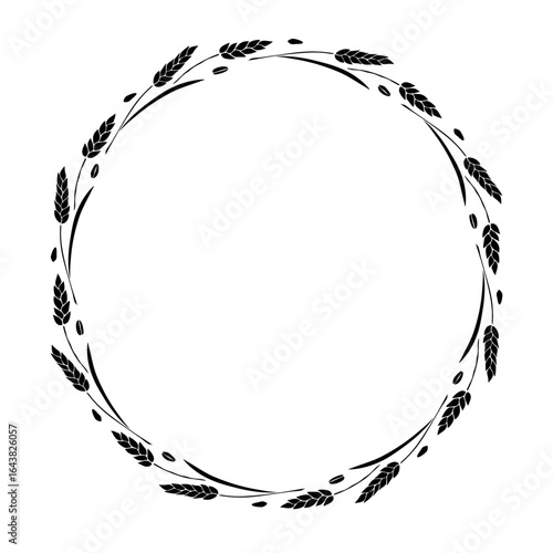 Round frame made of black wheat or rye ears. Vector autumn wreath, border hand drawn in flat style, isolated on white background