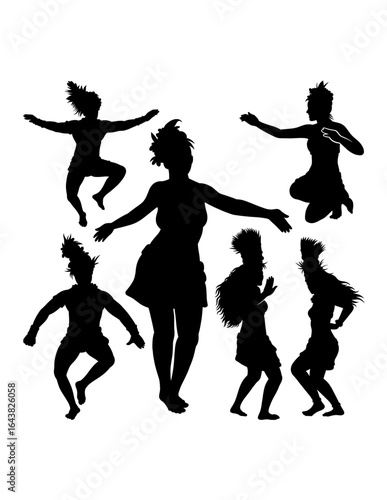 Tahitian hula dancing performance, female traditional dancer pose silhouette