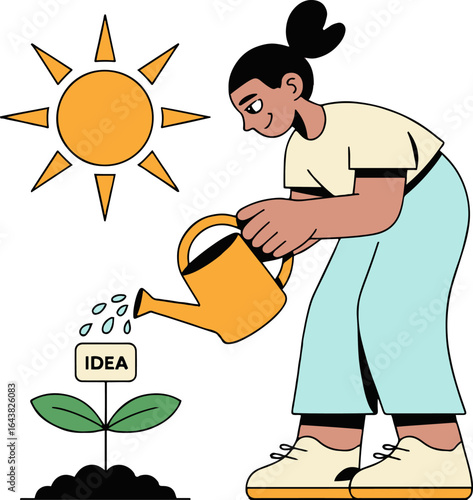 A woman watering an idea plant with the sun shining brightly in the sky above on a white background