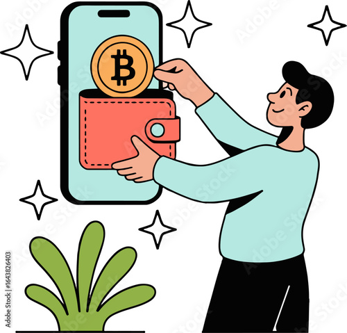 Man adding bitcoin to wallet on smartphone with sparkling stars and a plant in a stylized vector art
