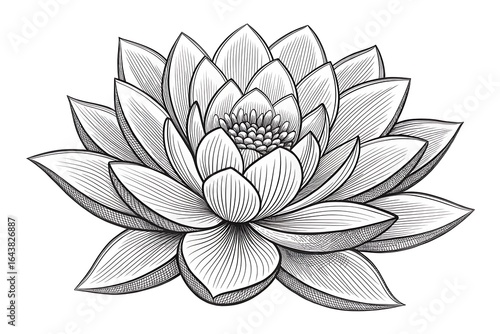 Detailed black and white sketch of a blooming lotus flower