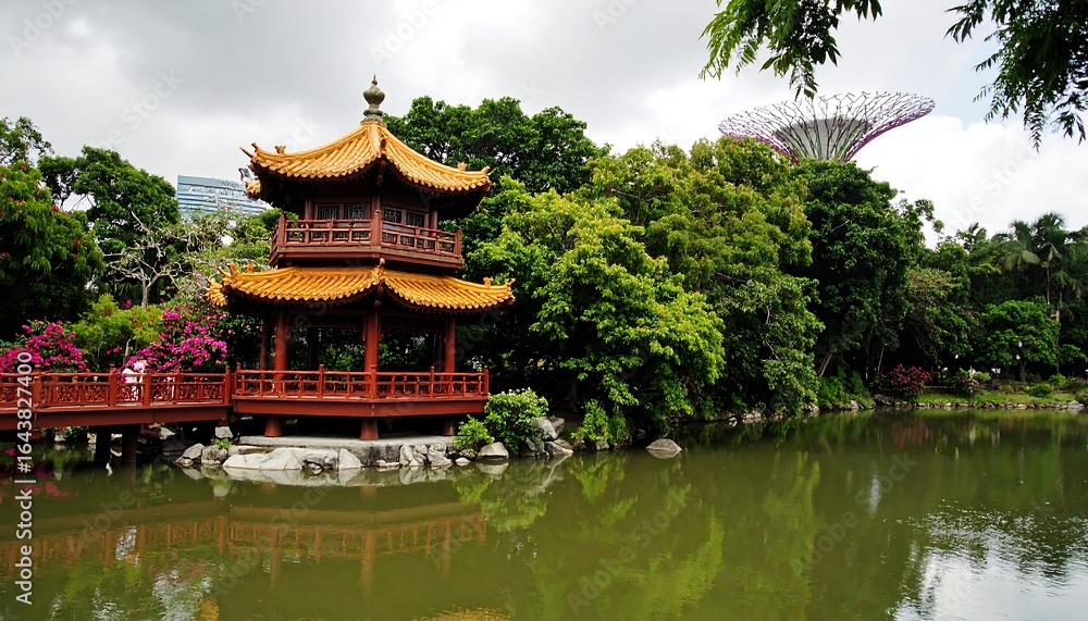 Asian garden pavilion by lake