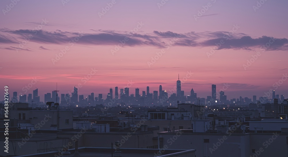 Fototapeta premium Misty Cityscape at Dusk: Pink Sky Over Urban Rooftops