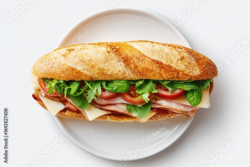 Overhead view of a hearty baguette sandwich filled with ham, cheese, tomato, and arugula, served on a simple white plate