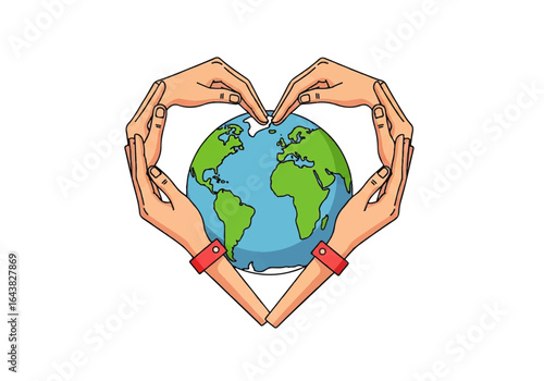 Hands creating heart shape around earth to symbolize love and unity. Ideal for environmental campaigns, peace promotions, and charity advertisements.
