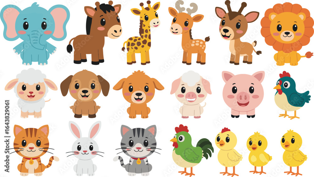 Obraz premium Set of cute cartoon farm, wild, and pet animals isolated on white background