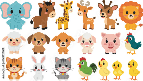 Set of cute cartoon farm, wild, and pet animals isolated on white background
