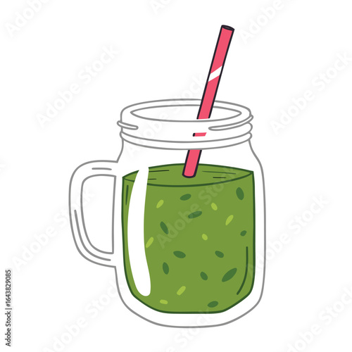 Green smoothie in a jar with striped straw drink