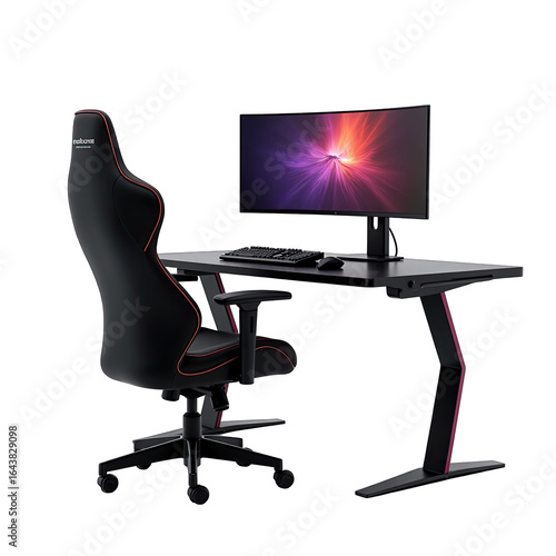 Black gaming chair and desk setup with modern design.