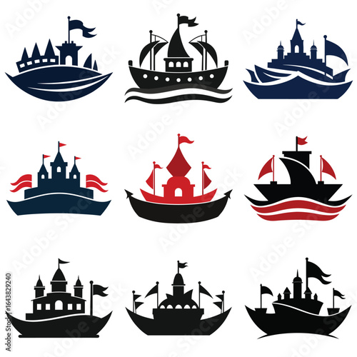 Set of fanciful ship and castle logos evoking fairy tales and adventure