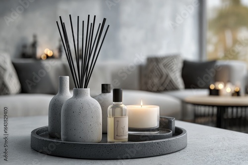Gray concrete vessels, reed diffuser, oil, candle, and tray on a coffee table, blurred living room background with muted tones and candles