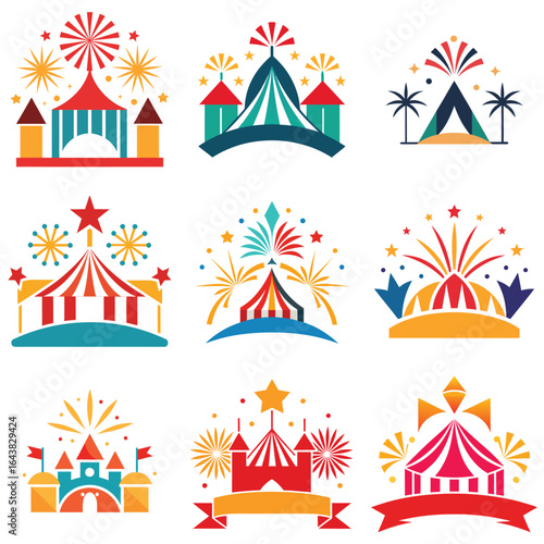 A vibrant collection of colorful circus and carnival themed tent icons
