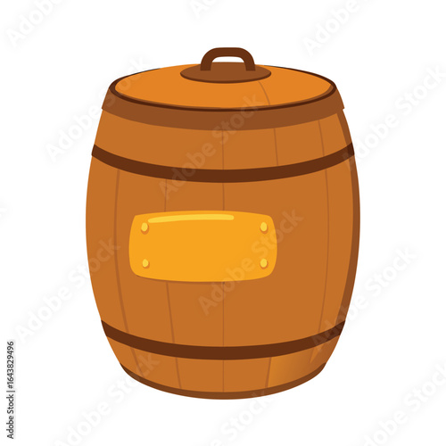 Wooden barrel with metal bands and label brown