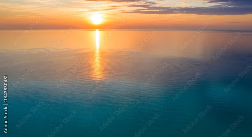 Fototapeta premium Calm ocean surface reflecting bright orange sunset with subtle clouds water reflection