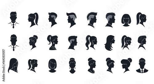 Collection of black silhouette profiles of male and female heads with various hairstyles