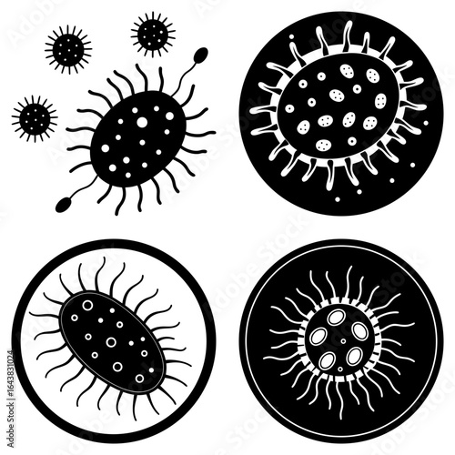 Black and white illustration of various virus and bacteria cells in a circular arrangement design concept