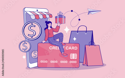 bring your e-commerce project to life. this vibrant illustration beautifully captures online shopping, mobile payments, and fast delivery, making it perfect for your website or app.