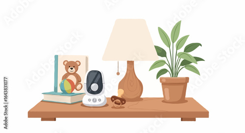 Cozy nursery shelf with a baby monitor, book, lamp, pacifier, and a houseplant, illustrated in a warm cartoon style, with copy space
