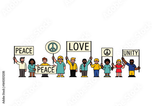 Diverse group with signs promoting love, peace, and unity. Suitable for social justice, activism, and tolerance concepts in advertising.