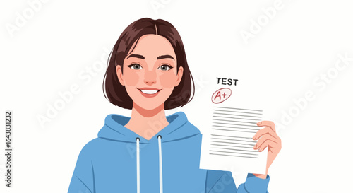 Happy female student in a blue hoodie, smiling and proudly showing a test paper with an A-plus grade, on a white background with copy space