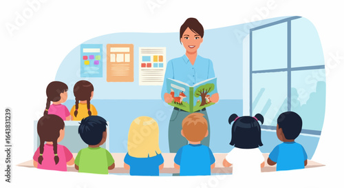 Female teacher smiling while reading a storybook to a diverse group of young children in a kindergarten classroom