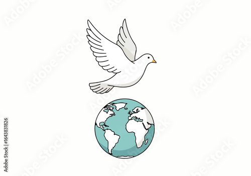 Dove symbolizes peace, hope, and harmony flying above earth. Suitable for peacerelated projects, posters, websites promoting unity and tranquility.