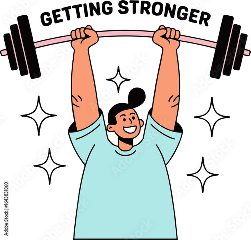A cartoon of a person lifting a barbell with the text getting stronger above it and stars around them