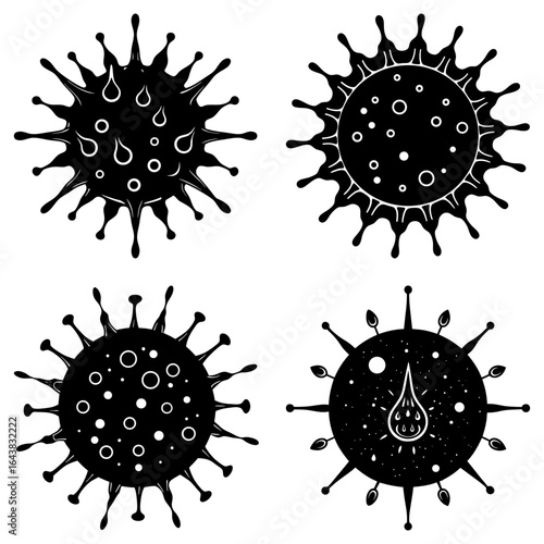 Four black and white virus icons with spiky projections and internal droplet and circle designs