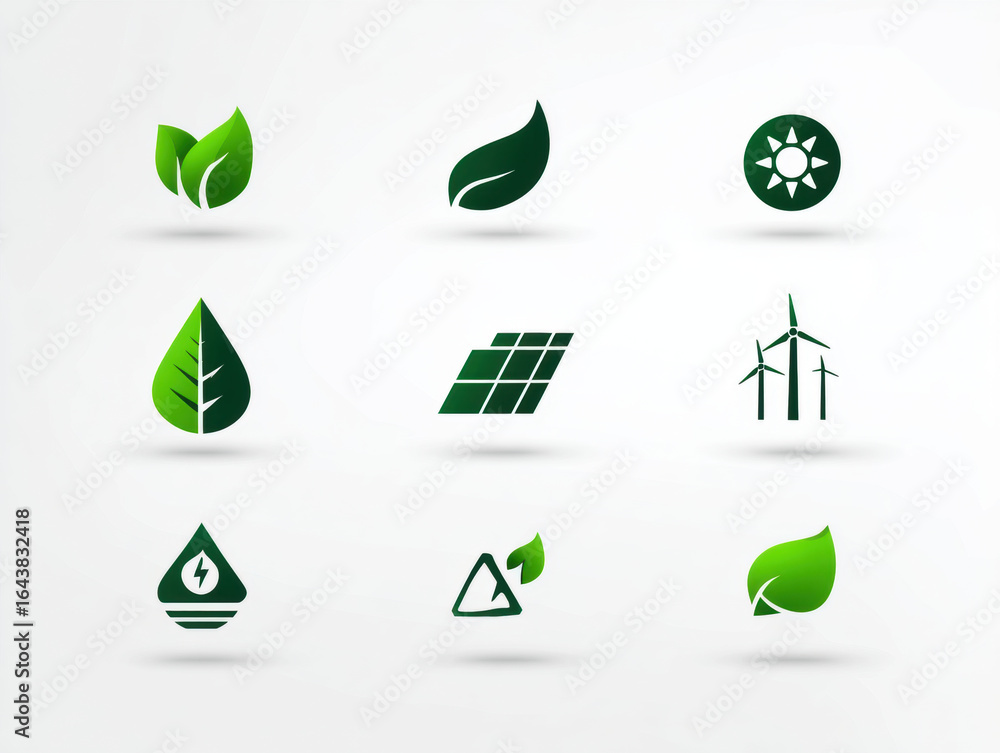 Obraz premium Green icons representing nature, sustainability, and renewable energy are arranged grid. These symbols include leaves, solar panels, wind turbines, and water droplets, conveying eco friendly theme