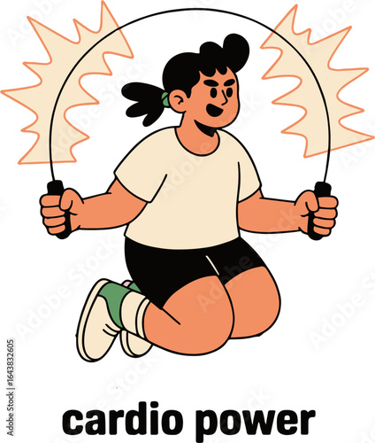 Illustration of a woman jumping rope with energy sparks and cardio power text below the image