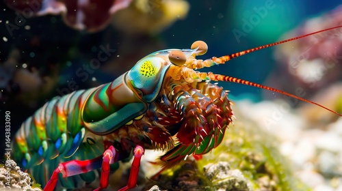 Fototapeta Naklejka Na Ścianę i Meble -  Mantis Shrimp: Exploring the Biology, Ecology, and Unique Adaptations of Marine Crustaceans in Ocean Ecosystems