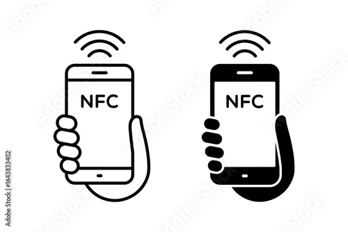 NFC payment icon. NFC payment logo. Hand holding a Phone. Contactless wireless pay sign logo. NFC technology vector icon.