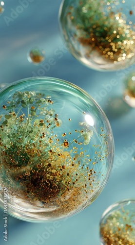 Wallpaper Mural Transparent spheres, suspended against a teal backdrop, contain miniature landscapes of green and gold flecks, suggestive of flora and glittering particles Torontodigital.ca