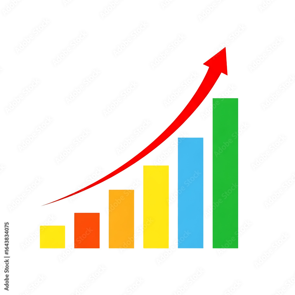 Colorful bar graph showing upward trend with red arrow isolated on transparent background Colorful bar graph showing upward trend with red arrow isolated on transparent background
