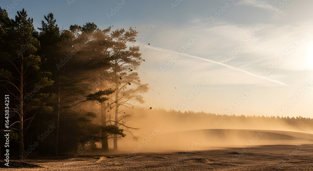 Fototapeta premium Serene Morning Landscape Mist Rolling Through Forest Trees, A tranquil scene of nature's beauty, trees, and mist-covered fields.