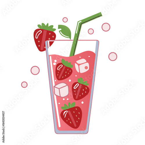 Refreshing strawberry drink with ice and straw glass