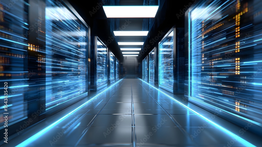 Fototapeta premium Futuristic Data Center Interior with Bright Lighting and High-Tech Server Racks in a Linear Arrangement