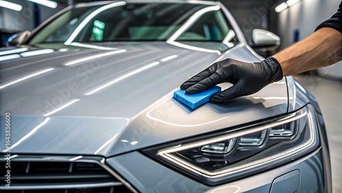 Worker applying ceramic coating on silver car hood using sponge applicator, concept of car detailing, paint protection and auto care
