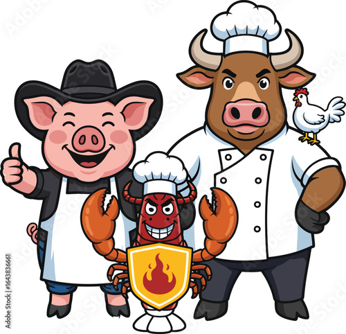 Funny barbecue animal mascot team with a chef bull, cowboy pig, and crawfish character