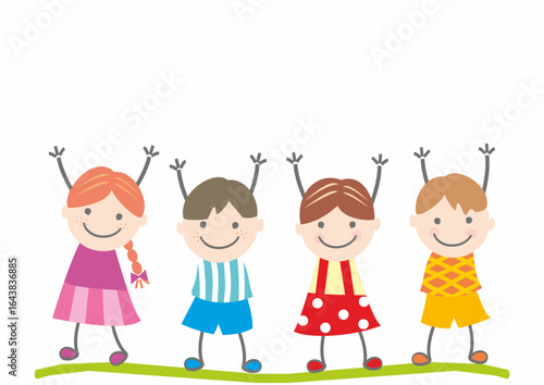 Group of four smiling children, hands up, conceptual illutration, funny vector illustration, template