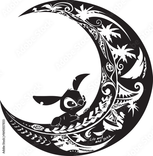 A black tribal tattoo design featuring a vector illustration of a fish and moon
