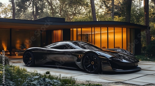 Modern sports car in front of contemporary house