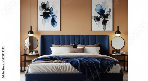 Elegant bedroom with blue velvet headboard and abstract art
