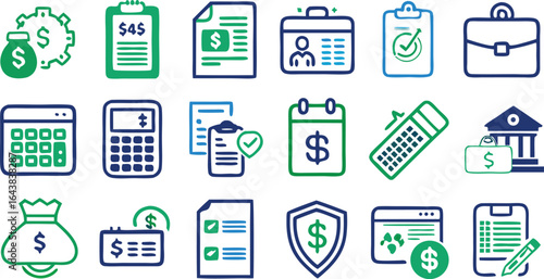 Assortment of Hand Drawn Icons Representing Financial Management and Business Documents money bag calculator document calendar shield briefcase bank