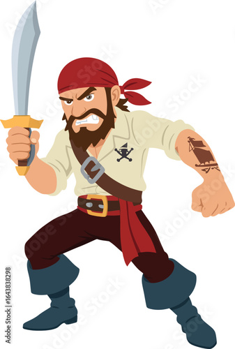 Intrepid animated pirate character in a dynamic pose, holding a saber, ready for daring seafaring adventures.