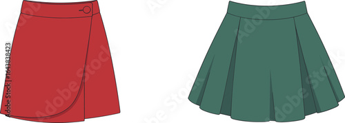 Red mini skirt, green pleated skirt, fashion flat sketch, modern clothing design, stylish women’s wear, trendy apparel, skirt illustration vector
