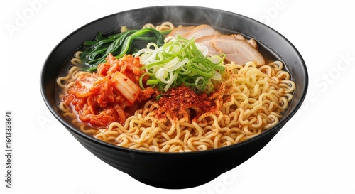 Spicy kimchi ramen noodle bowl with pork and vegetables, isolated on white background