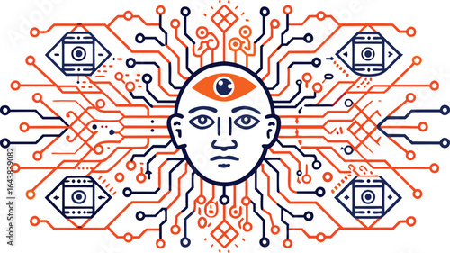Futuristic cybernetic human head with glowing eye connected to digital circuit board network artificial intelligence