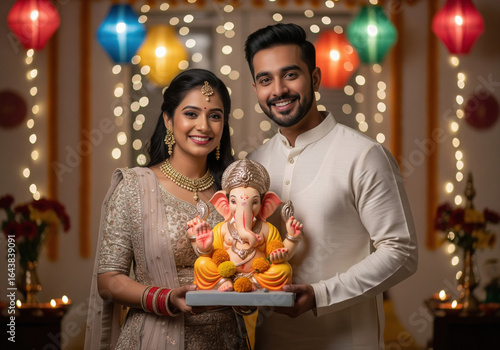 Smiling Indian couple holding Lord Ganesha idol during festive celebration

